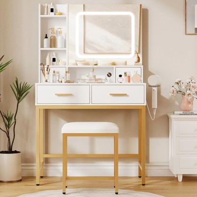 Vanity Desk with Mirror and Lights, Makeup Vanity with 4 Drawers, 2 Shelves, 3 Light Modes & Charging Station