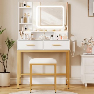 Vanity Desk with Mirror and Lights, Makeup Vanity with 4 Drawers, 2 Shelves, 3 Light Modes & Charging Station - 1 of 4