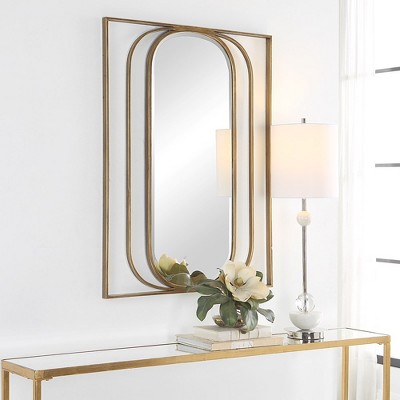 Gold Oval Beveled Mirror with Angular Metal Frame