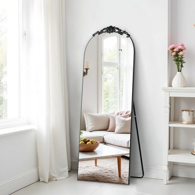 63"x25" Arched Black Mirror, Rectangle Full-Body Mirror, Wood Framed Full-length Mirror with Stand, Vanity Mirror