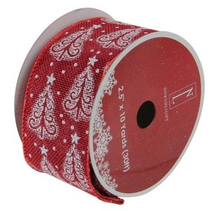 Northlight Cranberry Red and White Trees Burlap Wired Christmas Craft Ribbon 2.5" x 10 Yards - 1 of 3