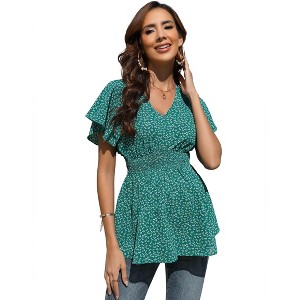 Clearlove Maternity Shirts V Neck Ruffled Sleeve Floral Tops Pleated Ruffle Hem Lightweight Summer Casual Tunic Blouses - 1 of 4