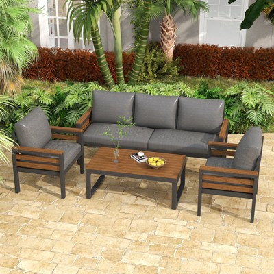 Aortzio 72.4"W 4 PCS Acacia Wood Patio Furniture Set Outdoor Sectional Conversation Sofa Set