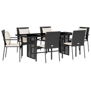 vidaXL 7 Piece Patio Dining Set with Cushions Black Poly Rattan - Black - 1 of 4