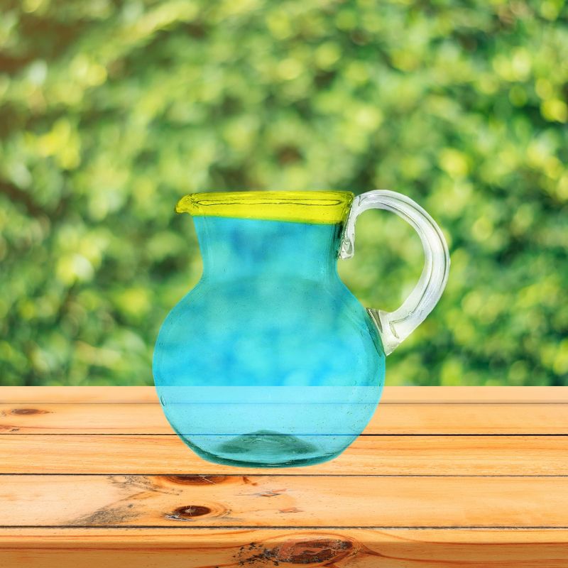 Amici Home Acapulco Pitcher, Authentic Mexican Handmade, Glassware for Margaritas, Lemonade, Round Blue Glass, Yellow Rimmed,80-Ounce, 3 of 7