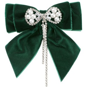 INSPIRE CHIC Women's Velvet Faux Pearl Rhinestone Bow Brooch Tie - 1 of 4