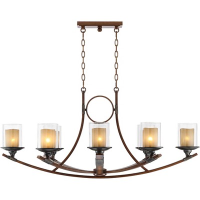 Franklin Iron Works Mahogany Large Linear Island Pendant Chandelier 43 1/4" Wide Clear Outer Scavo Inner Glass 8-Light for Kitchen