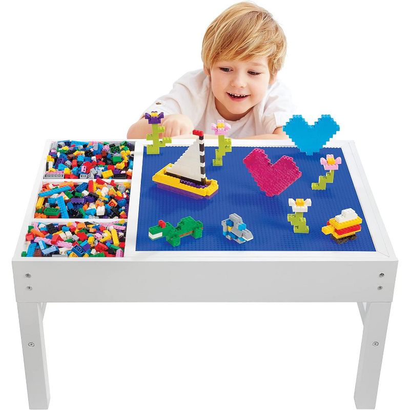 Brick Construction Play Table w 4 Storage Compartments and 1000 Rainbow Bricks - Build & Stack Block Pieces on Tabletop Base Plate Grid, 1 of 2