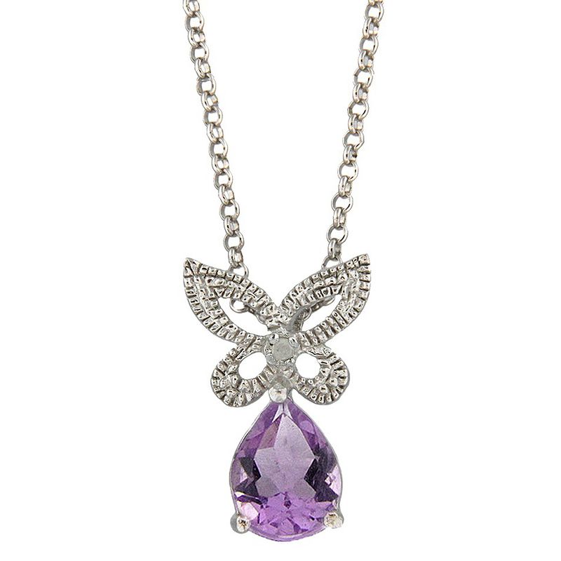 Diamond and Amethyst Accent Butterfly Pendant Necklace in Sterling Silver (IJ-I2-I3), 1 of 2