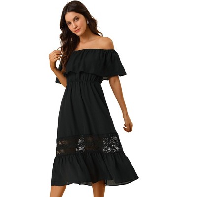 Allegra K Women's Off Shoulder Ruffle Lace Insert High Waist Short Sleeve Flowy Maxi Dress