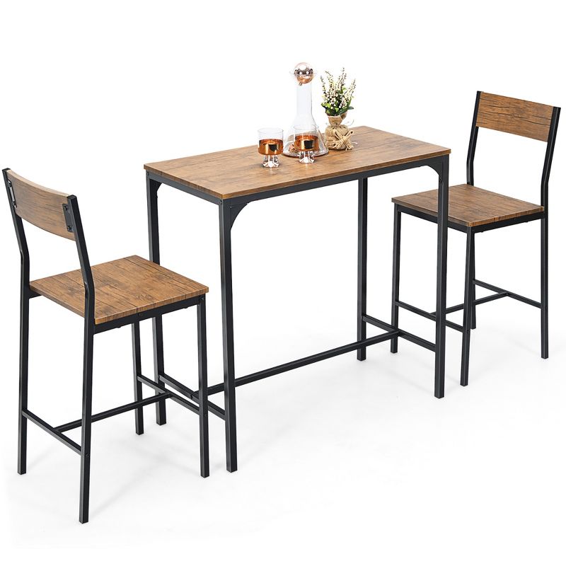 Costway 3PCS Bar Table Set Industrial Counter Height Dining Table Set w/2 Stools, 1 of 11