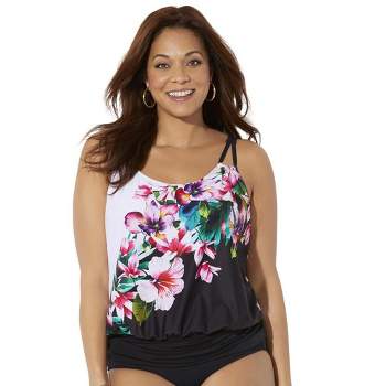 Swimsuits For All Women's Plus Size Loop Strap Blouson Tankini Top 26 Happy  Turq 