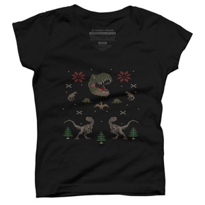 Girl's Design By Humans Ugly Dino Christmas Sweater By AnotheHero T-Shirt - 1 of 3