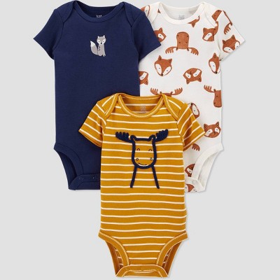 Image of Baby Boys' 3pk Woodland Short Sleeve Bodysuit - Just One You® made by carter's Off-White/Gold/Blue 3M