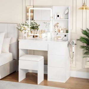 anity Desk with Mirror and LED Light, Vanity Desk with 4 Drawers, Power Outlet, Storage Stool, Storage Shelves & Hair Dryer Holder - 1 of 4