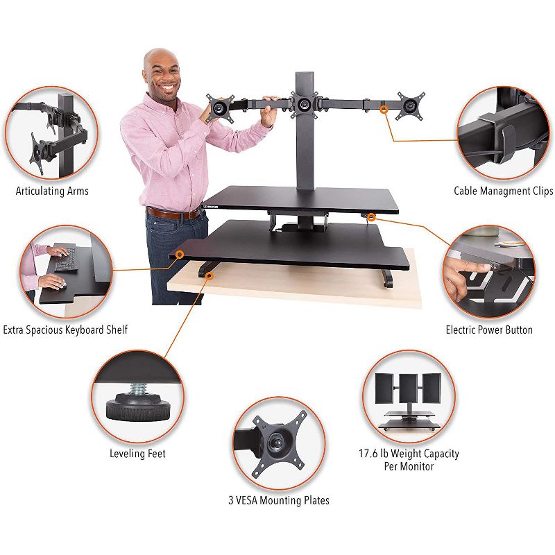 Techtonic Electric 3 Arm Monitor Mount Standing Desk - Sit to Stand Desk Converter with Keyboard Tray – Black – Stand Steady, 4 of 12