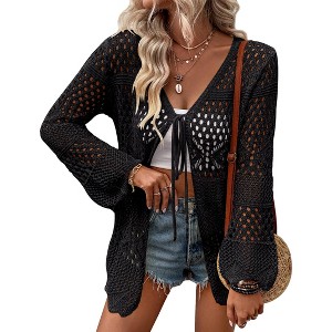 Women's Crochet Cardigan Long Sleeve Tie Front Hollow Out Thin Cardigan - 1 of 3