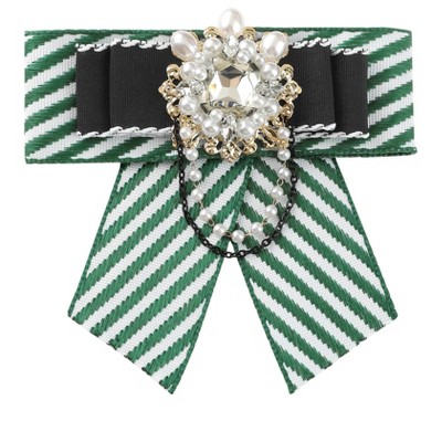 INSPIRE CHIC Women's Striped Rhinestone Bow Tie Fashion Faux Pearl Bow Tie Pin with Hanging Chain