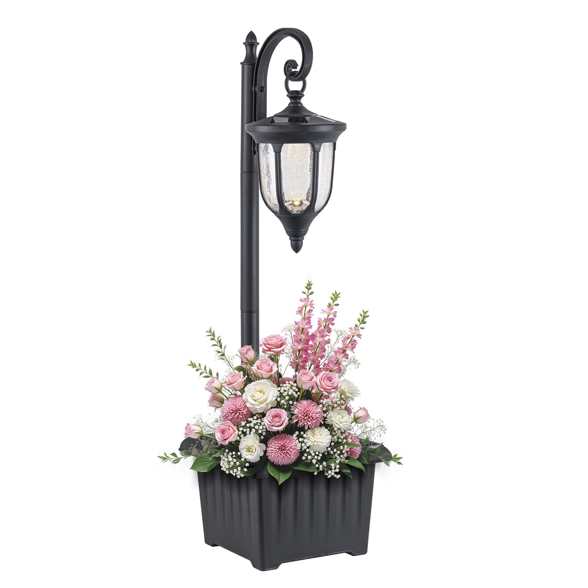 C Cattleya 1-Light Black Solar Outdoor Post Light with Planter and Crackle Glass