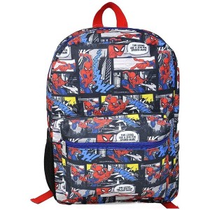 Mochila escolar de 16 pulgadas para niños de Bioworld Spiderman Comics, colorida y de dibujos animados, con bolsillo frontal y malla lateral