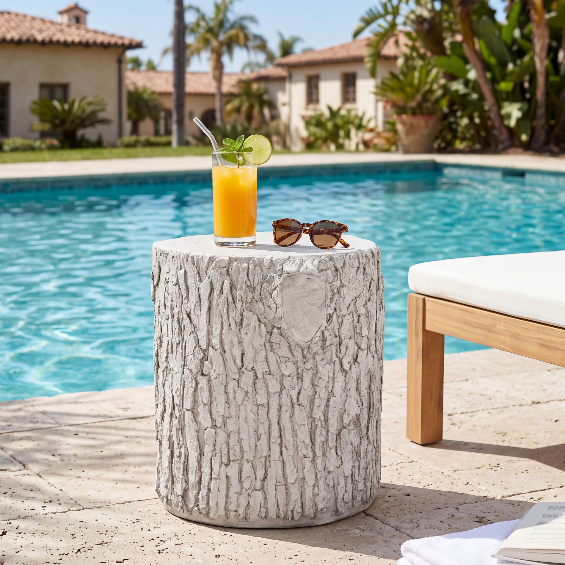 Christopher Knight Home Gaeul Rustic Patio Lightweight Concrete Tree Stump Side Table, White