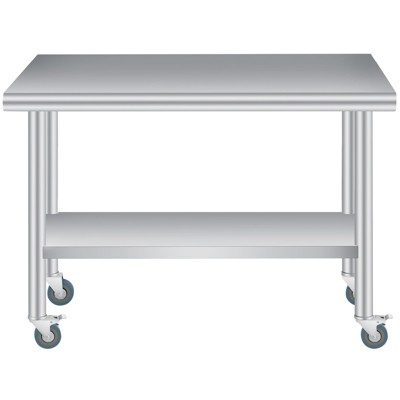 Stainless Steel Prep Table, Commercial Kitchen Prep & Work Table with Adjustable Under Shelf & 4 Wheels, Rolling Workbench for Kitchen