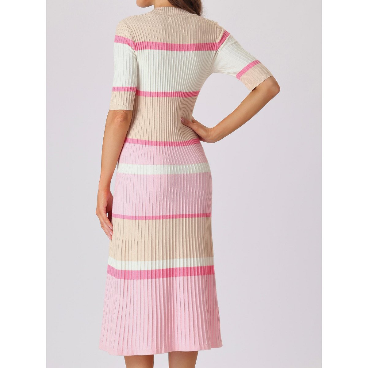 Женские платья INSPIRE CHIC Women's Striped Ribbed Short Sleeves Midi Basic Knitted Dresses Pink Medium — фото 4