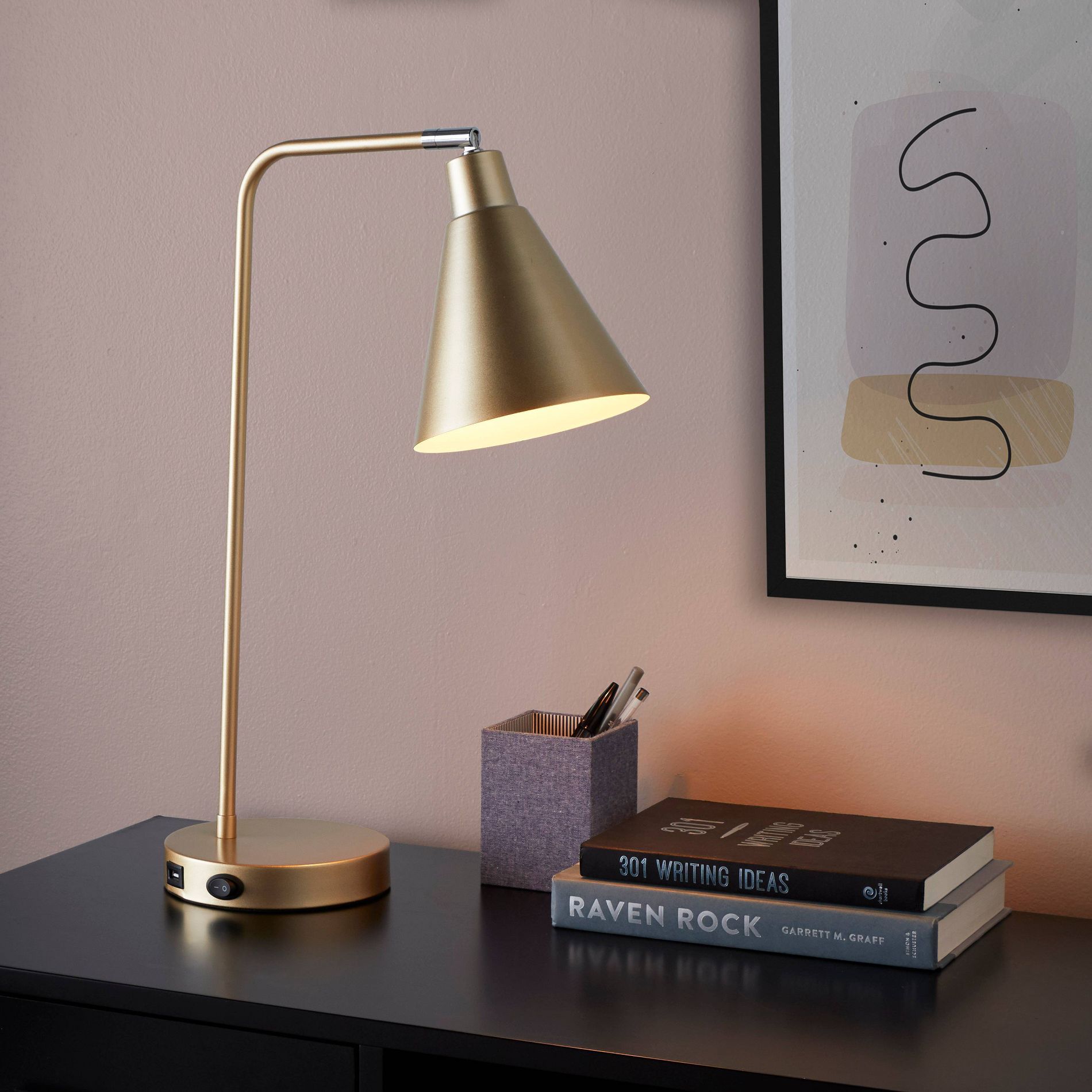 LumiSource Pix 19" Contemporary Task Lamp Champagne Gold and White Metal with Built-In USB Port