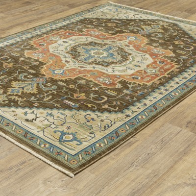 Ivory and Brown Synthetic Bohemian Area Rug with Trim Embellishment