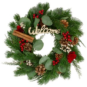 Northlight Green and Red "Welcome" Artificial Christmas Wreath - 12-Inch, Unlit - 1 of 4