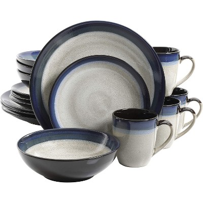 Gibson 91547.16RM Elite Couture Bands Embossed Glazed Durable 16-Piece Dinnerware Set, Microwave and Dishwasher Ready, Blue