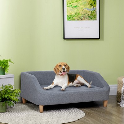 Gray Elevated Dog Sofa with Wooden Frame and Cushion