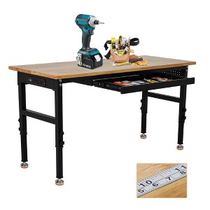 Height Adjustable Workbench with Power Outlet,48" Rolling Work Tables with 4 Lockable Casters, Oak Wood Work Bench for Garage, Workshop, Office - 1 of 4