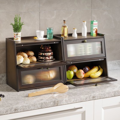 Double Bread Box, Bamboo Kitchen Countertop Organizer, Large Capacity Bread Rack With Window