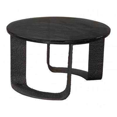 Coffee Table – 18.5" H Round Recycled Sand Cast Glass Top With Black Metal Base By Zuo Modern