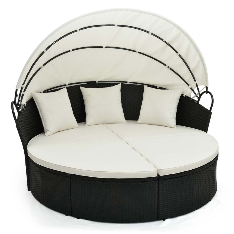 Costway Patio Round Daybed with Retractable Canopy Rattan Sectional Seating Black/White, 4 of 10