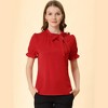 INSPIRE CHIC Women's Bow Tie Neck Solid Color Elastic Cuffs Elegant Office Short Sleeve Blouse - 2 of 4