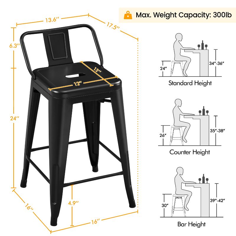 Yaheetech 24" H Metal Bar Stools Set of 4 for Home Restaurant, Black, 3 of 9
