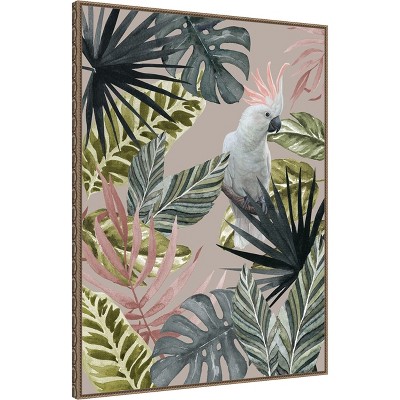 Tropical Cockatoo with Leaves Beaded Bronze Framed Canvas Wall Art 32 x 42