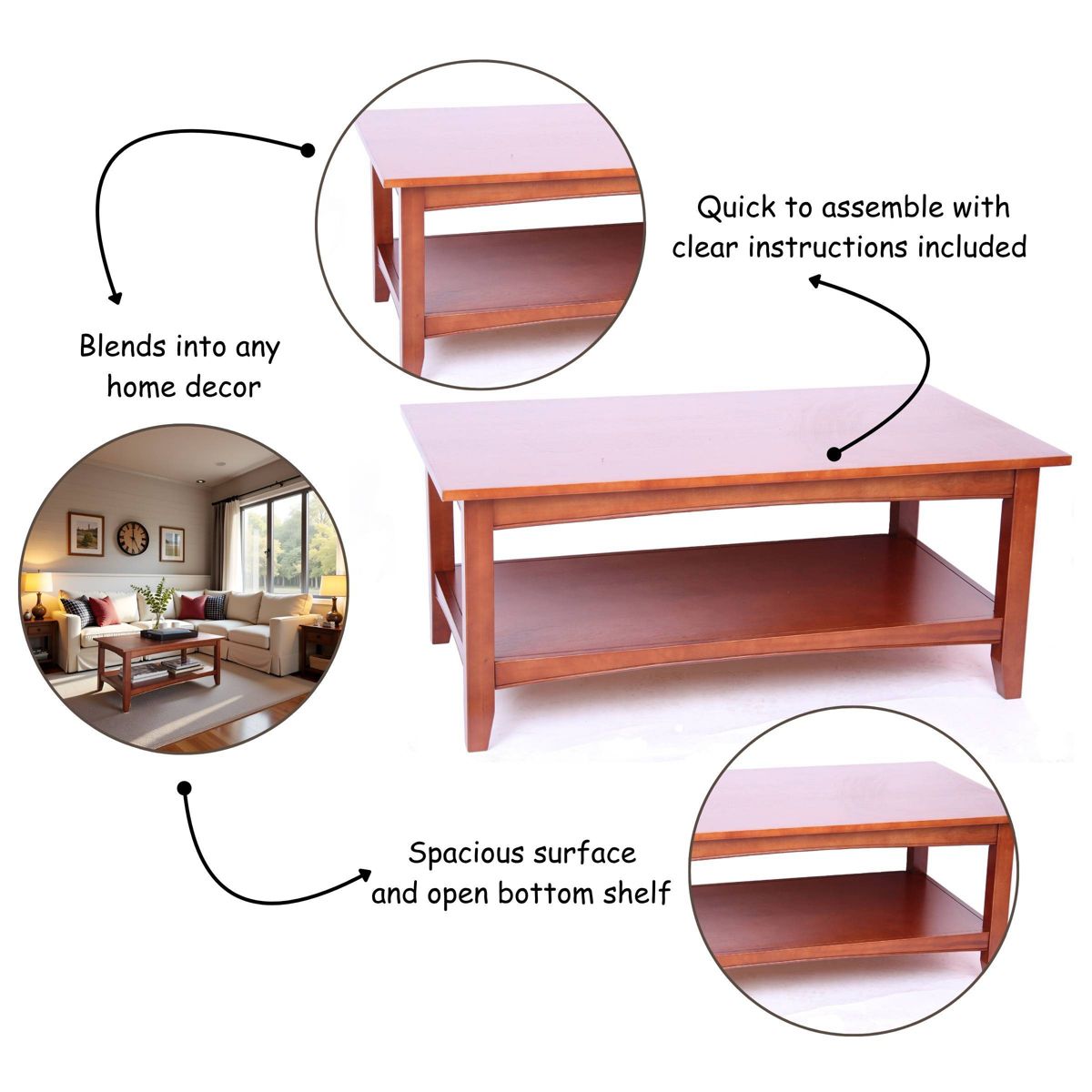 42" Shaker Cottage Wide Coffee Table Cherry - Alaterre Furniture - thumbnail 3