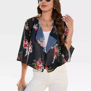 Womens Mesh Cardigan Open Front Batswing Sleeve Shrugs Lightweight Semi-Sheer Floral Cardigan,Black Floral - 2XL - 1 of 4