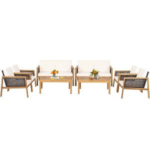 Tangkula 8PCS Patio Acacia Wood Furniture Set PE Rattan Conversation Set w/ Off White Cushions - 1 of 4