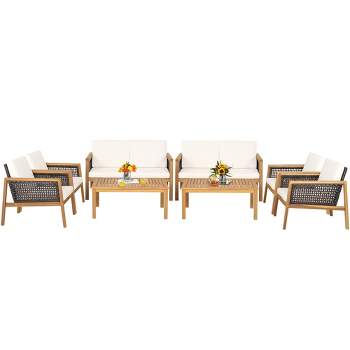 Tangkula 8PCS Patio Acacia Wood Furniture Set PE Rattan Conversation Set w/ Off White Cushions