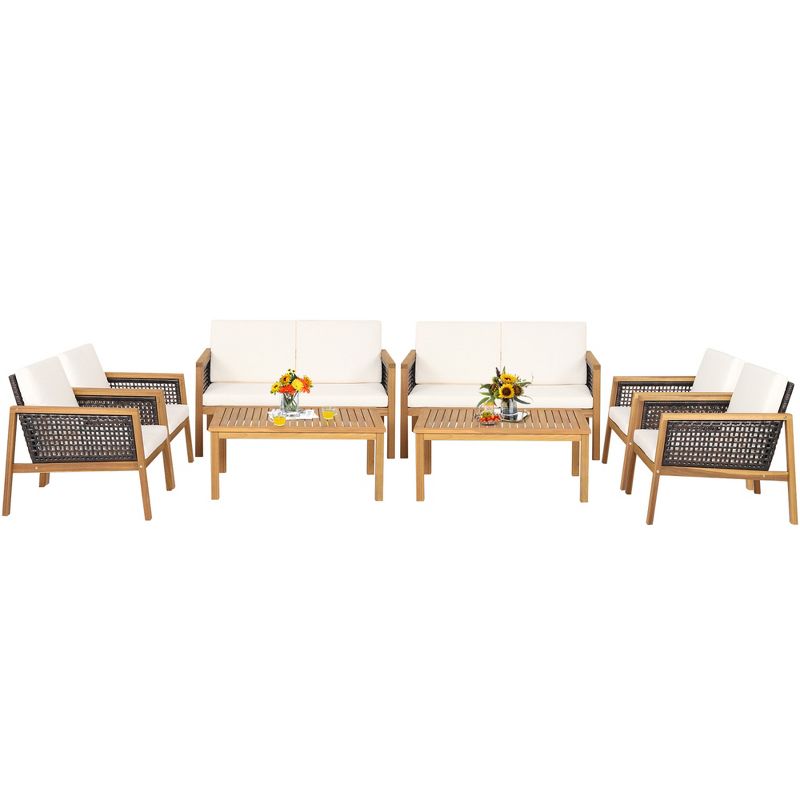 Tangkula 8PCS Patio Acacia Wood Furniture Set PE Rattan Conversation Set w/ Off White Cushions, 1 of 11