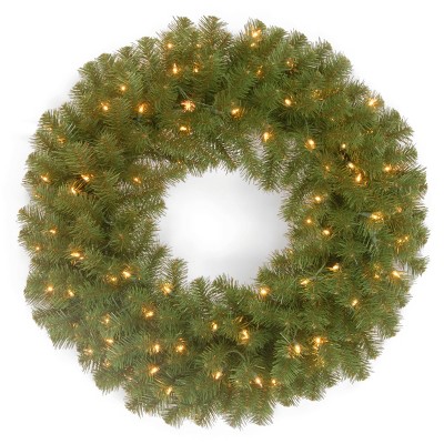 National Tree Company Pre-Lit Artificial Christmas Wreath, Green, North Valley Spruce, White Lights, Christmas Collection, 24 Inches