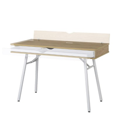 Pine and White Mid-Century Modern Desk with Multi-Storage