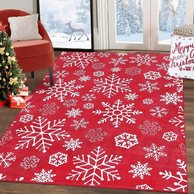 3x5 Christmas Area Rug, Washable Snowflake Pattern Foldable Decorative Accent Carpet for Dining Table Bedroom Farmhouse Floor, Holiday Decor