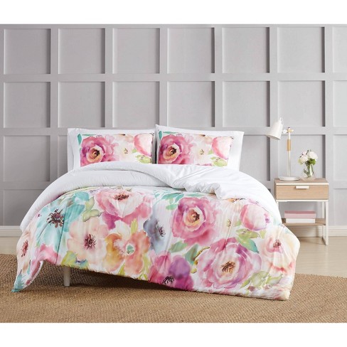 DKNY Floral Full Queen Cotton Comforter Set Gray/Pink Flowers. Brand New!