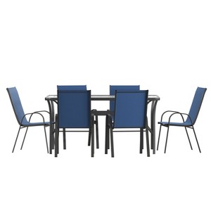 Merrick Lane 7 Piece Outdoor Dining Table Set for 6 with Glass-Top Patio Table and 6 Stack Chairs with Flex Comfort Material - 1 of 4