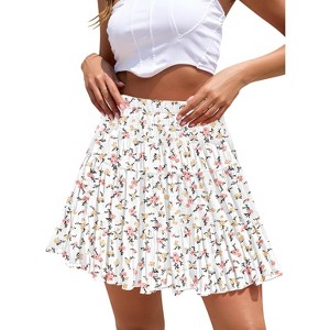 Women's Boho Chiffon Mini Skirt - Summer Tiered A-Line with Pleated Flowy Hem Gold Edge Yellow Pink Floral - 1 of 4